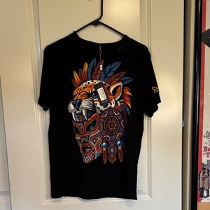 Black Graphic Tee with Tribal Jaguar Design
